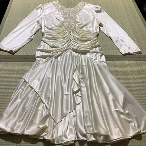 Elegant Cream Satin Dress with Beaded Neckline